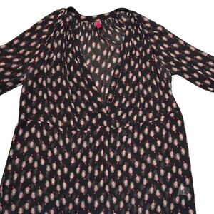 Pure‎ Essence Black  Owl Print V Neck Button Front Sheer Tunic Top Women Size 1